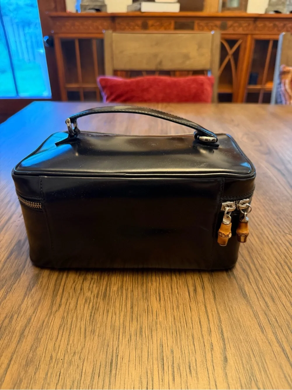 Vintage GUCCI Black Patent Leather Bamboo Vanity Cosmetic Case Bag